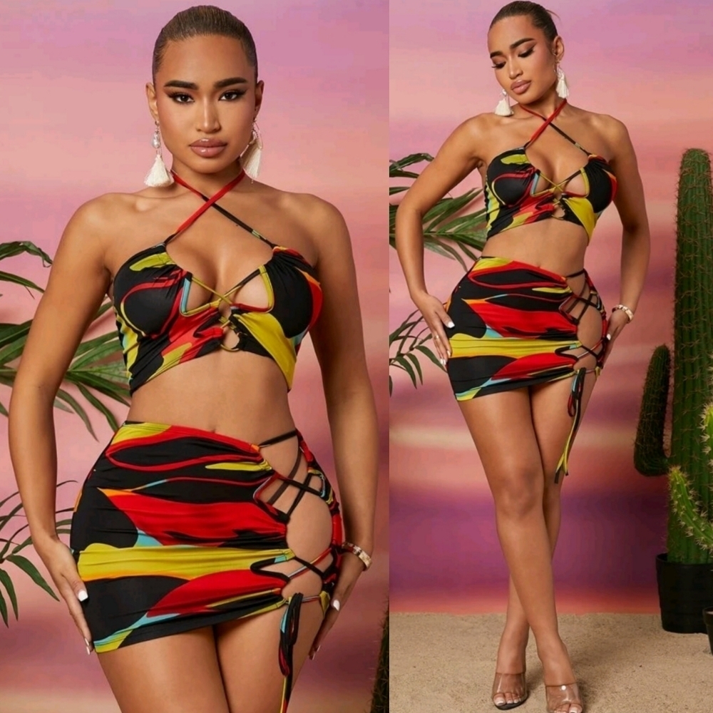 SEXY ALLOEVER PRINT TIE BACKLESS HALTER TOP & LACE UP FRONT MESH BODYCON SKIRT
